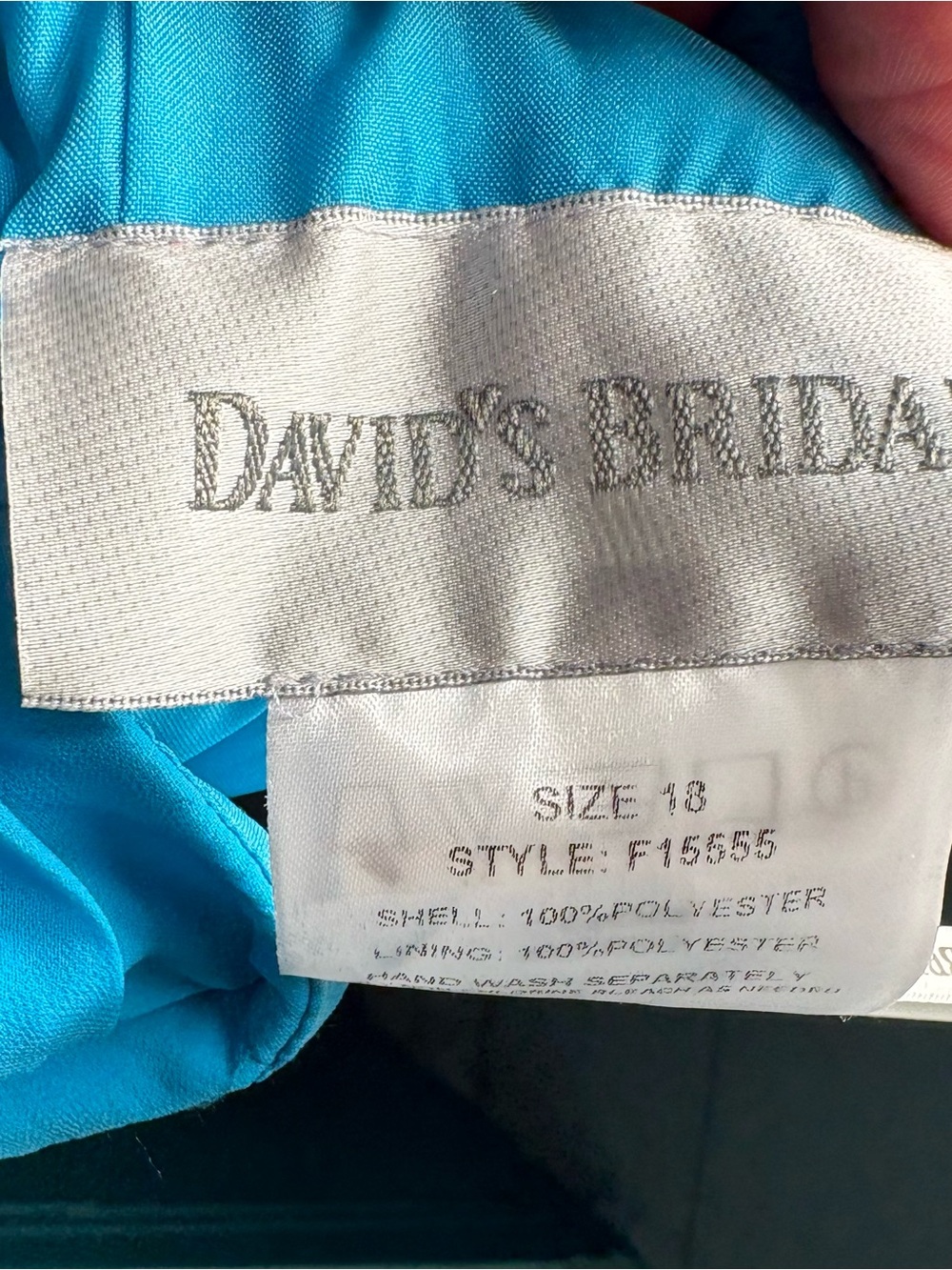 David's Bridal Bright Turquoise Formal Dress Label